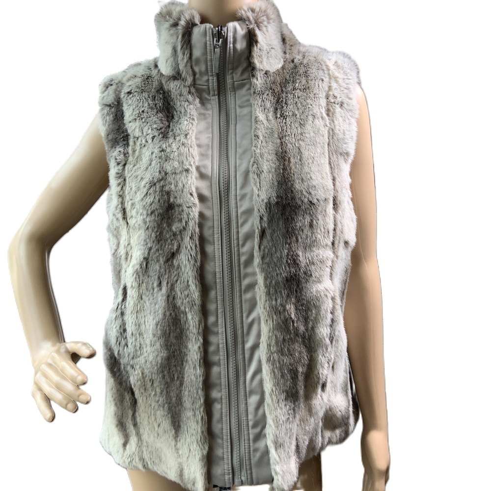 Womens Gray Reversible Sleeveless Zip Up High Collar Faux Fur Vest Sz Med Baddie